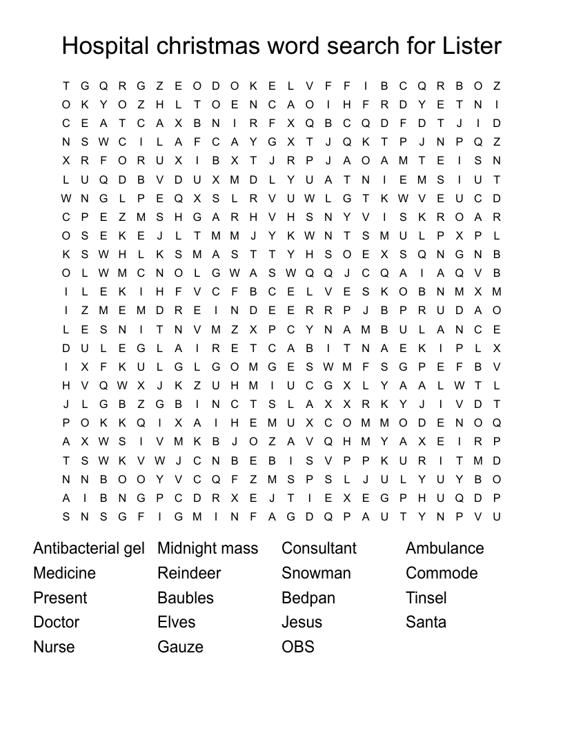 Hospital christmas word search for Lister 