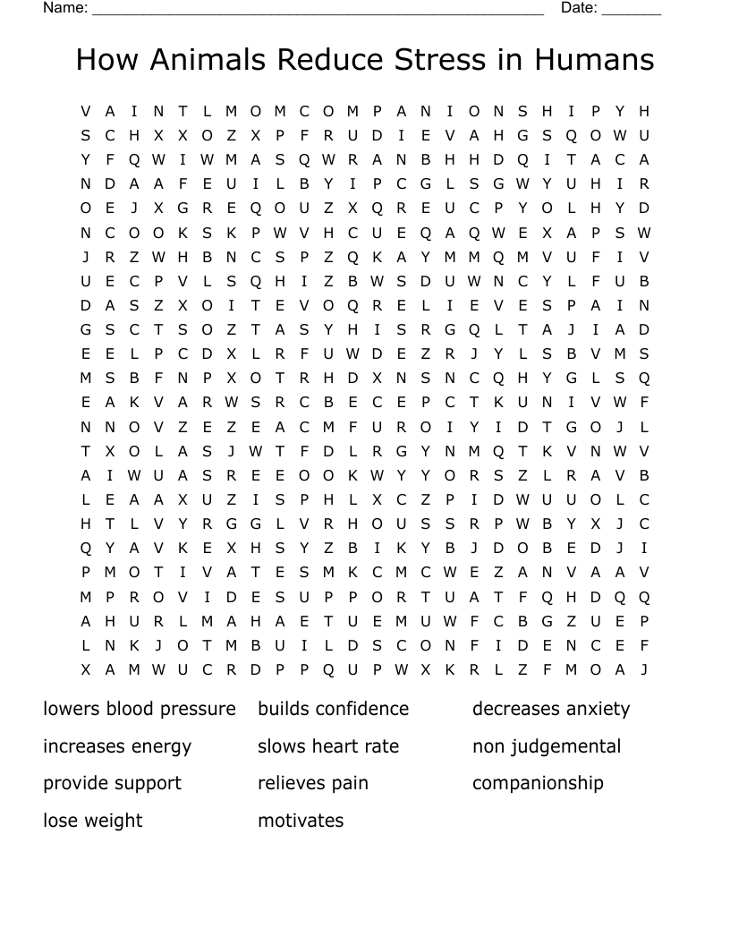 How Animals Reduce Stress in Humans Word Search