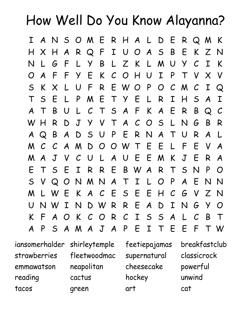 How Well Do You Know Alayanna? Word Search