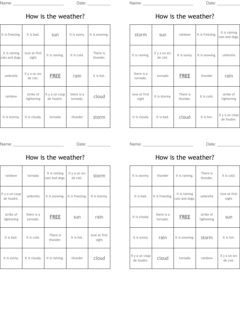 How is the weather? Bingo Cards
