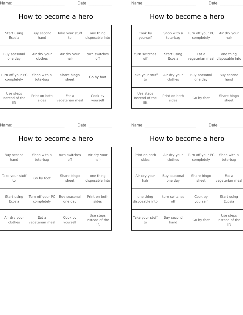 How to become a hero Bingo Cards