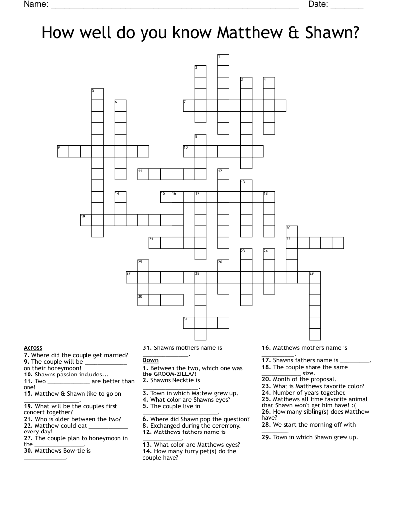 How well do you know Matthew & Shawn? Crossword WordMint