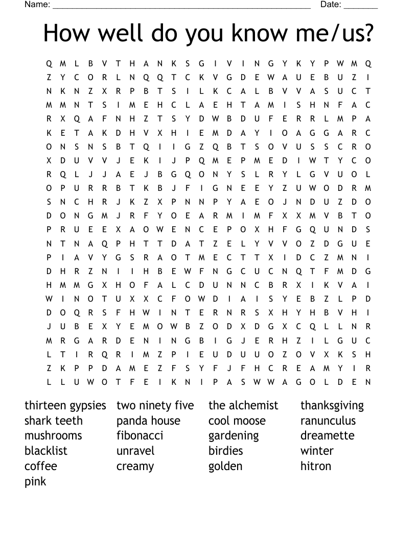 How well do you know me/us? Word Search