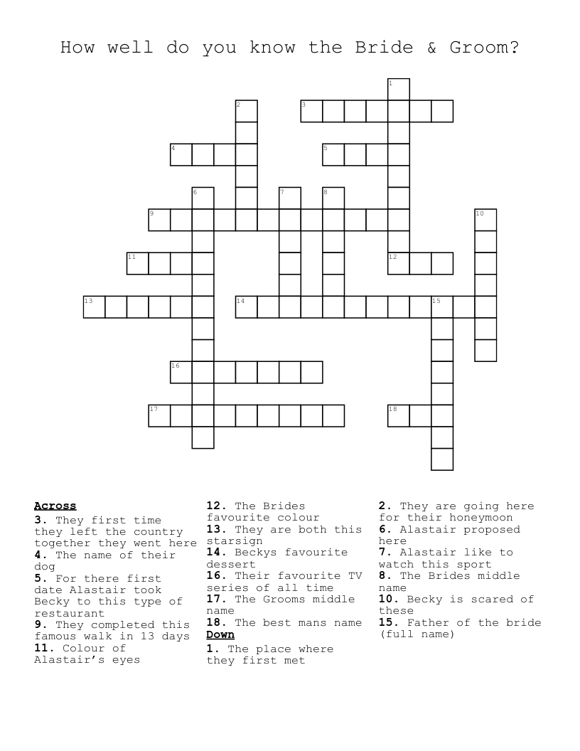 How Well Do You Know The Bride Groom Crossword WordMint