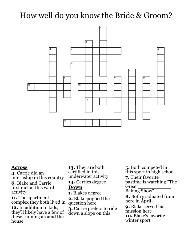 How well do you know the Bride & Groom? Crossword