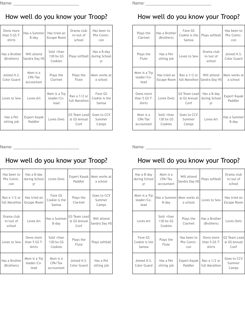 How well do you know your Troop? Bingo Cards