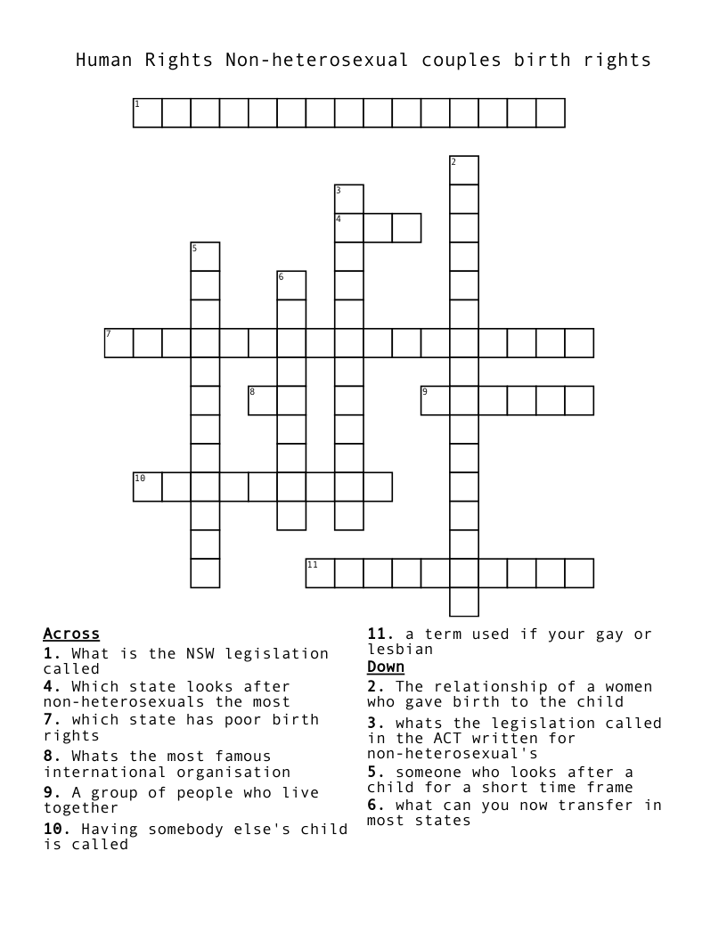Human Rights Non-heterosexual couples birth rights Crossword