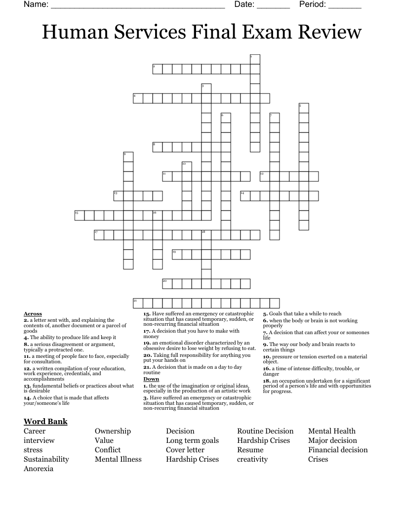 Human Services Final Exam Review Crossword WordMint