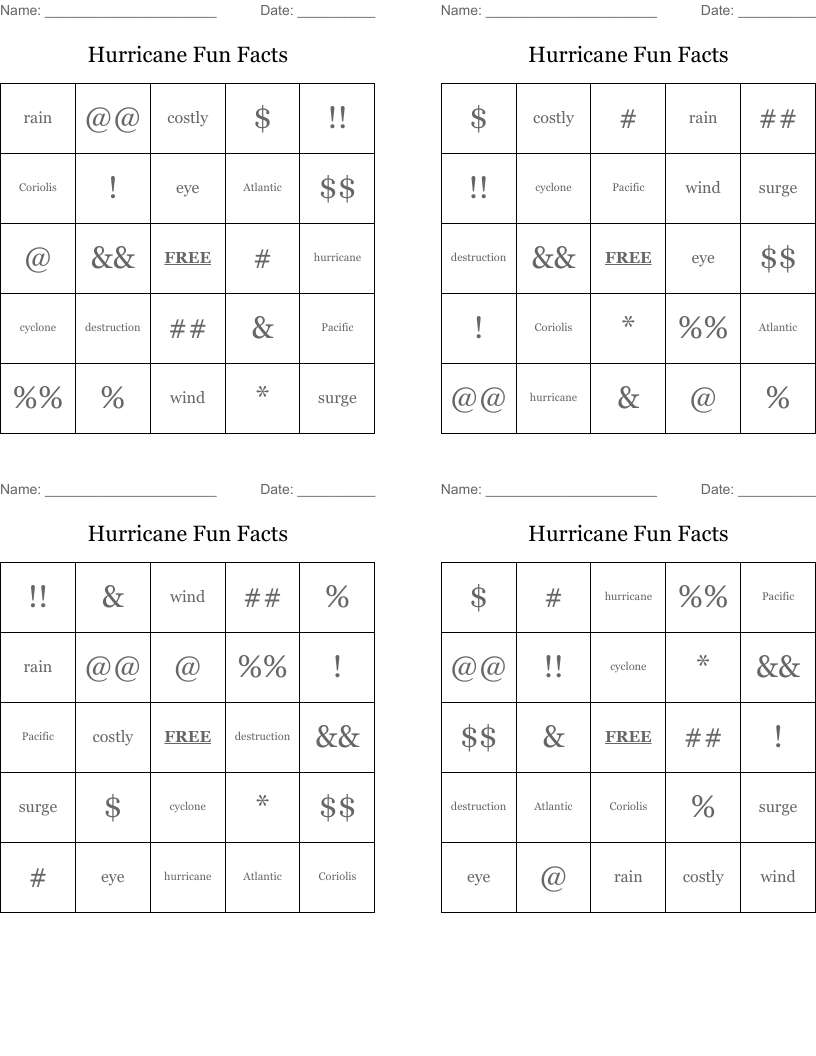 Hurricane Fun Facts Bingo Cards