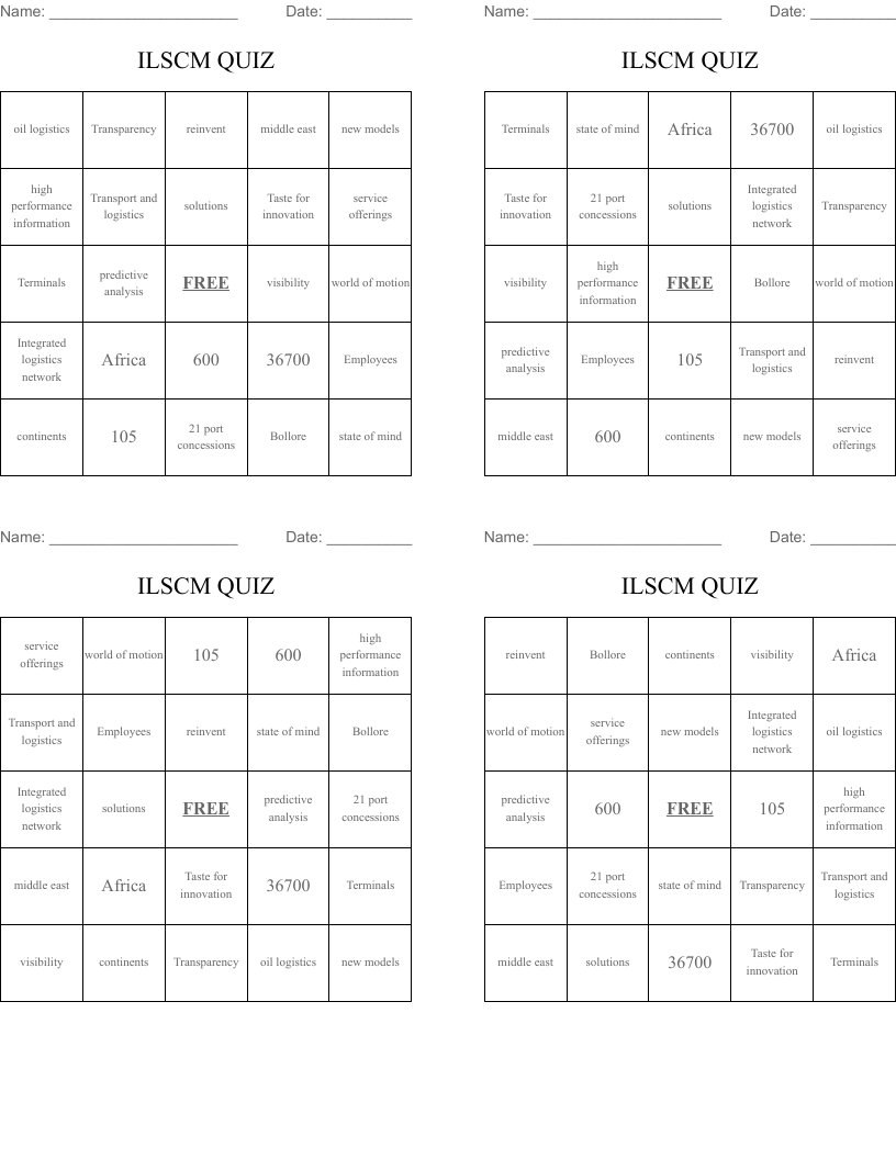 ILSCM QUIZ Bingo Cards