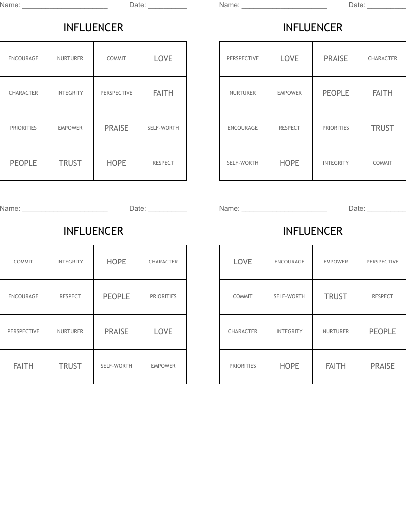 INFLUENCER Bingo Cards