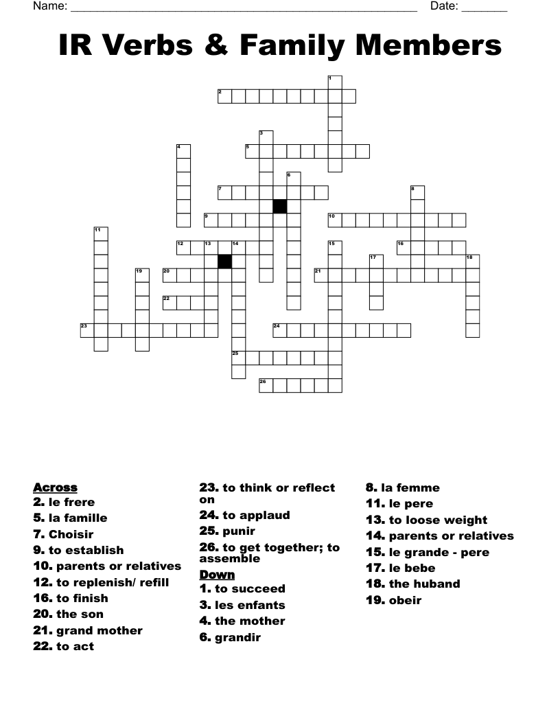 IR Verbs & Family Members Crossword