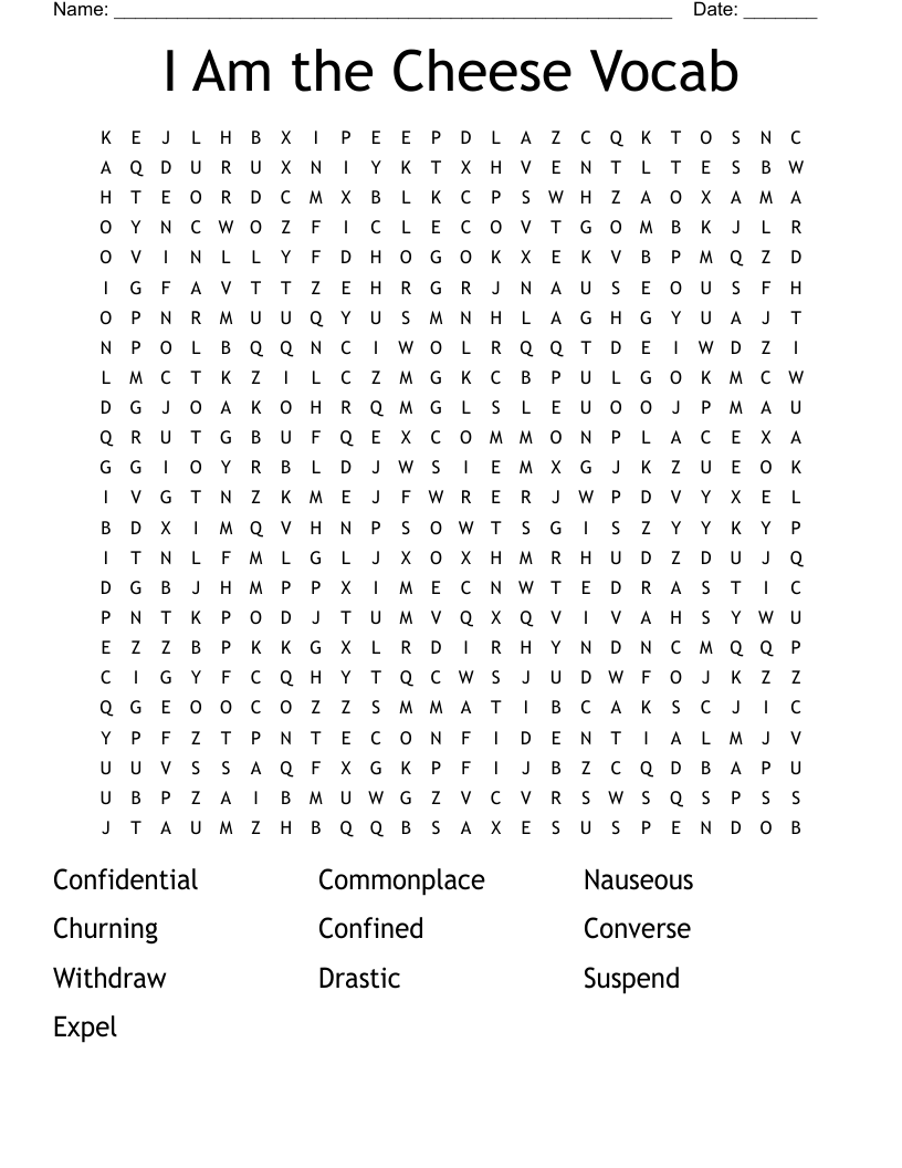 I Am the Cheese Vocab Word Search