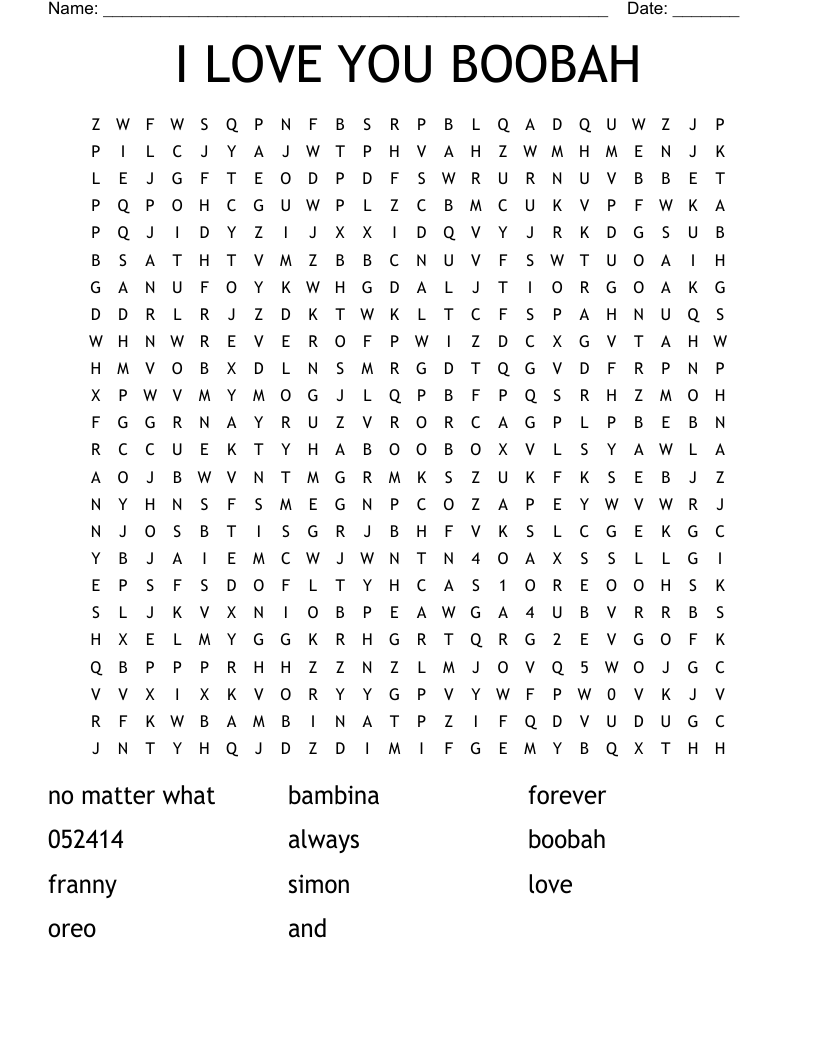 I LOVE YOU BOOBAH Word Search