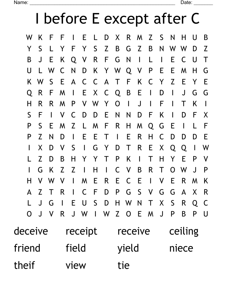I before E except after C Word Search - WordMint