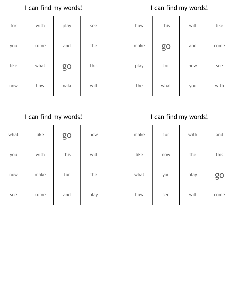 I can find my words! Bingo Cards