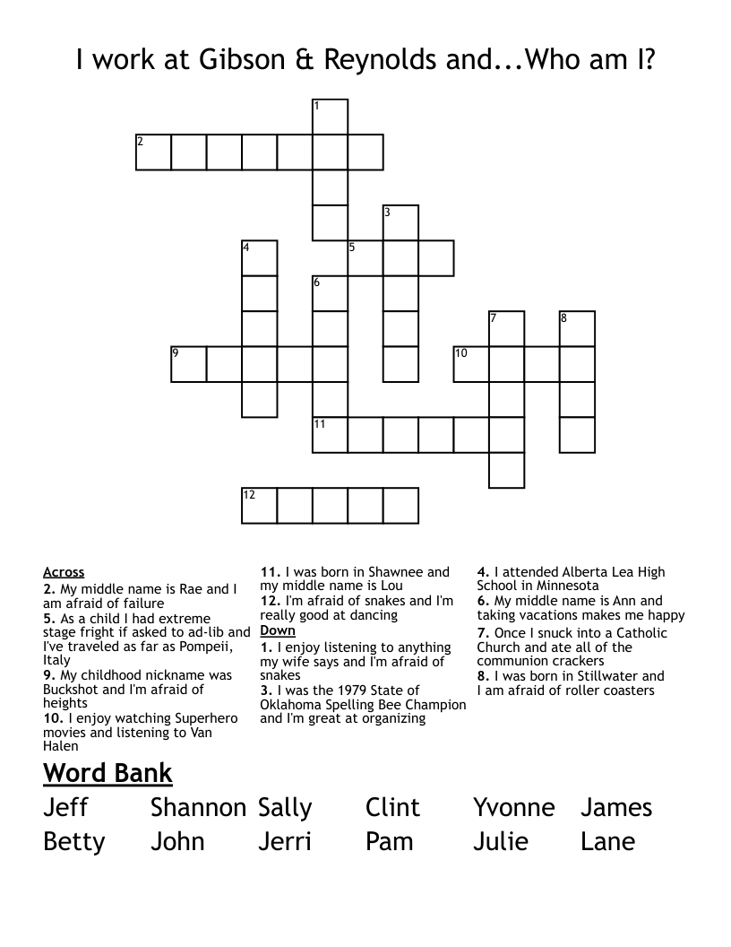 I work at Gibson & Reynolds and...Who am I? Crossword WordMint