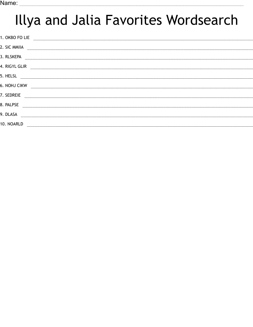 Illya and Jalia  Favorites Wordsearch Word Scramble