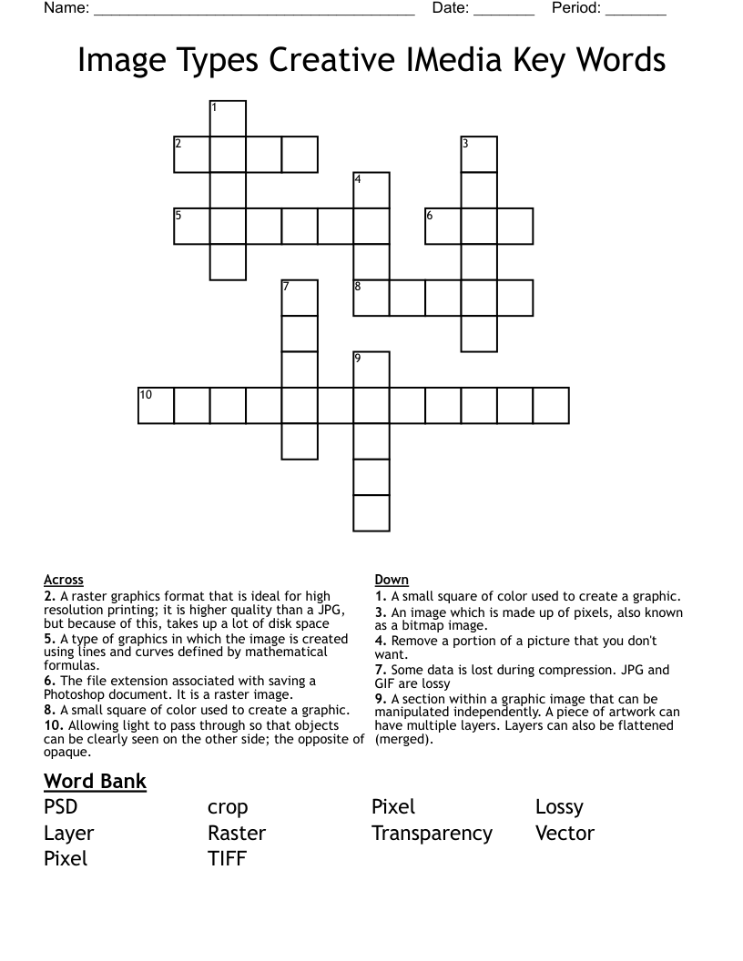 Image Types Creative IMedia Key Words Crossword