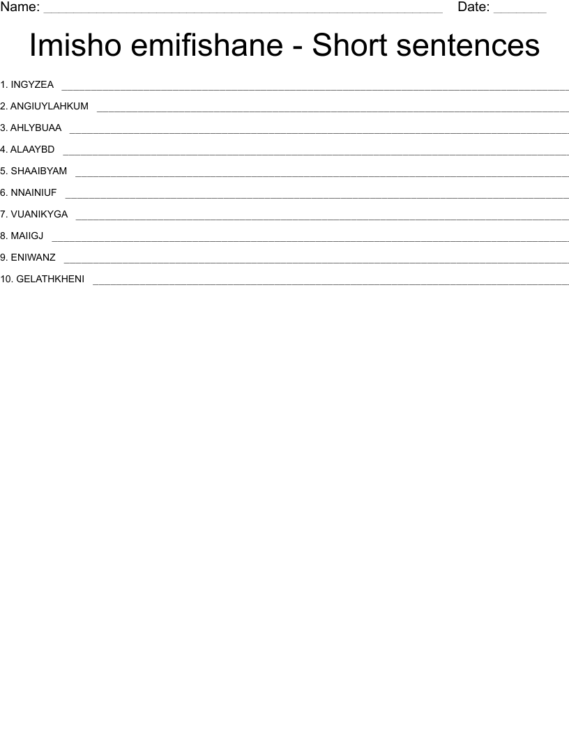 Imisho emifishane - Short sentences Word Scramble