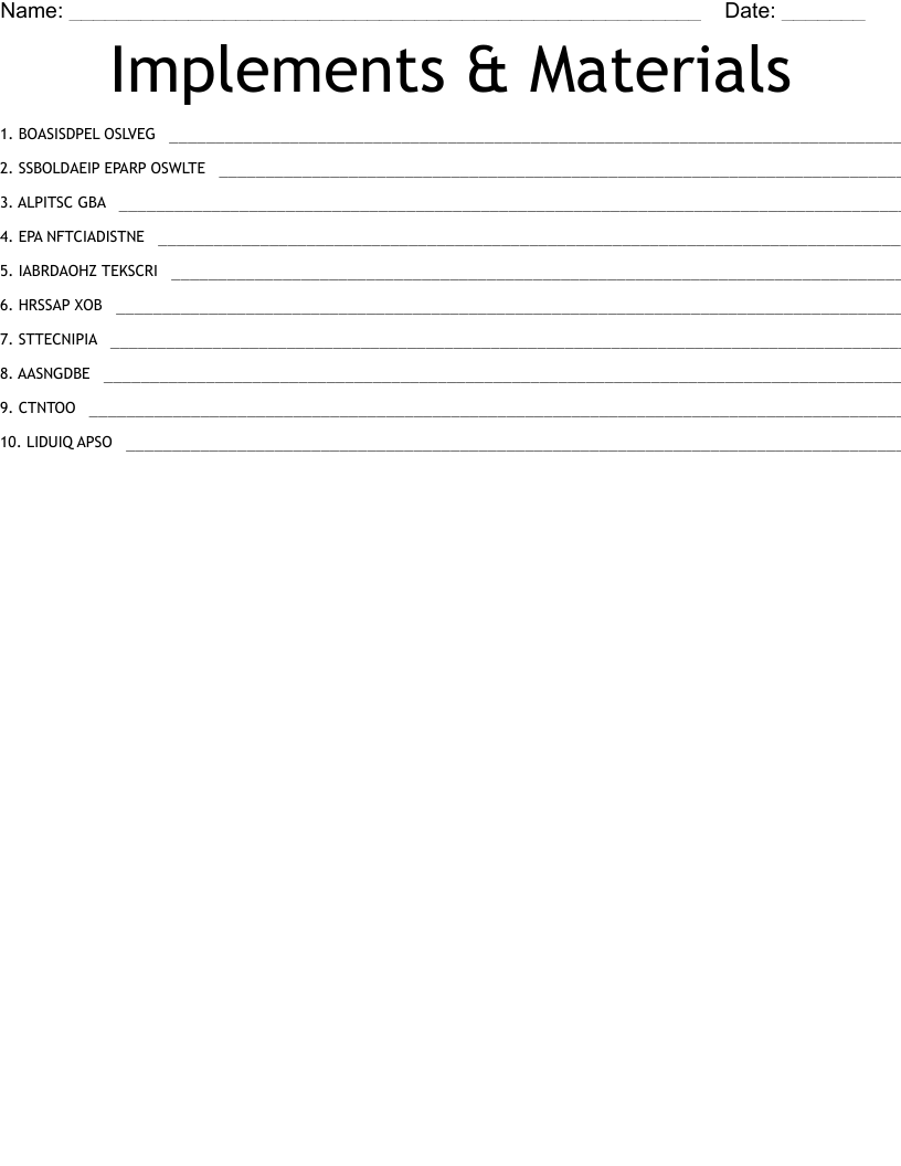 Implements & Materials Word Scramble