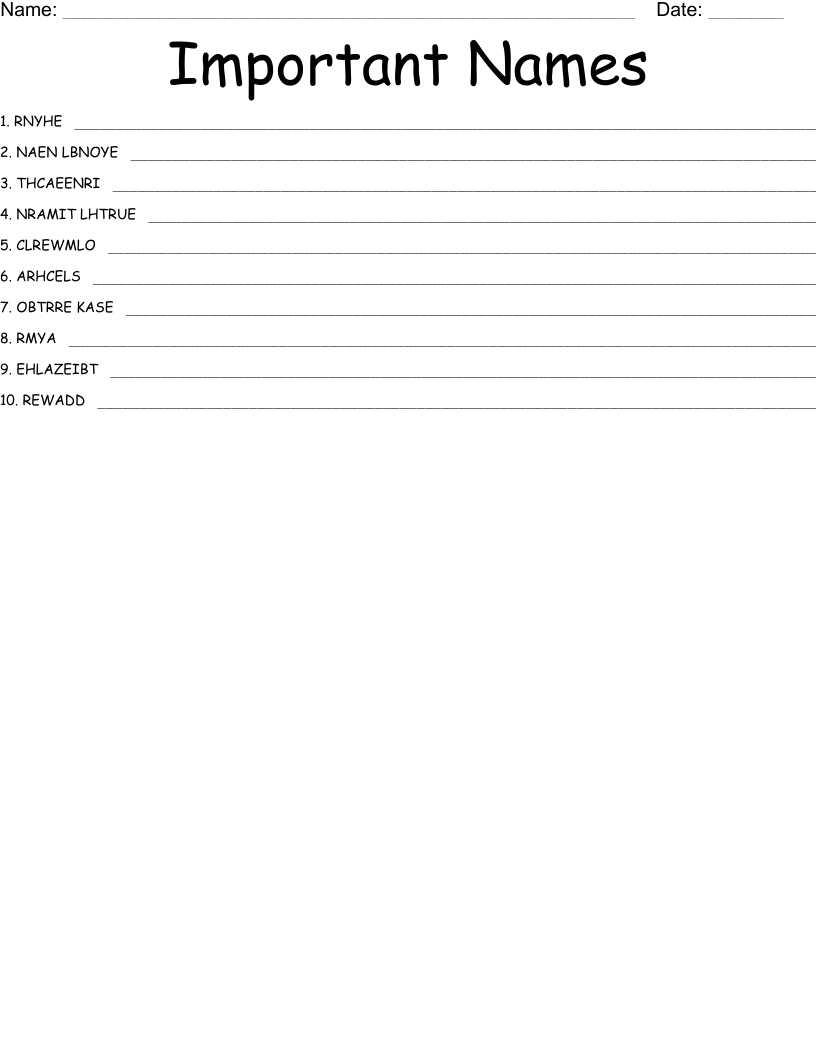Important Names Word Scramble
