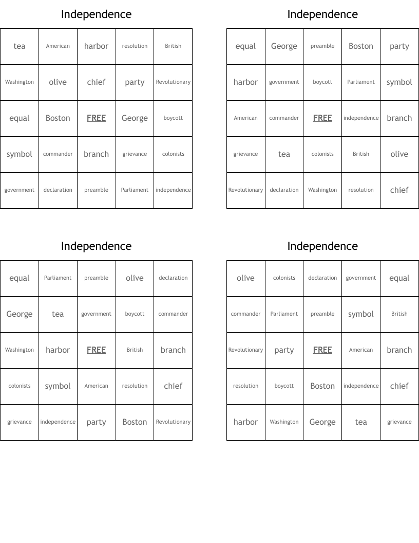 Independence Bingo Cards