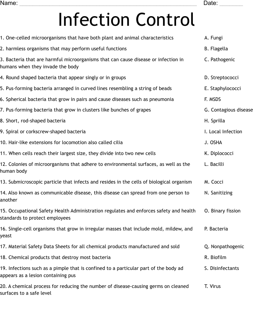 Infection Control Worksheet WordMint