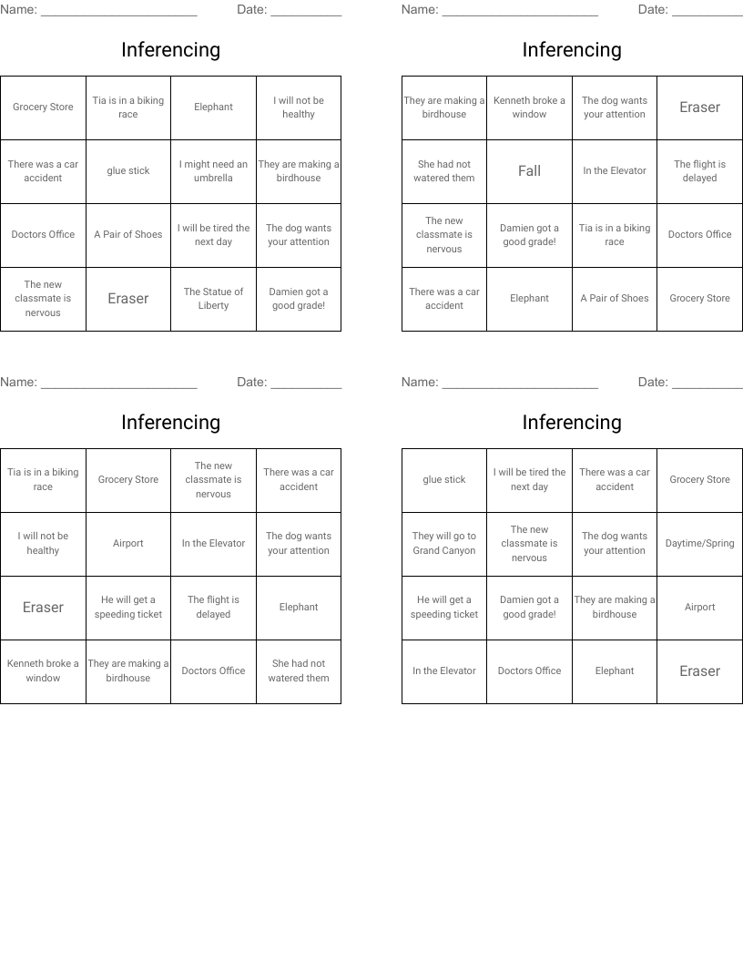 Inferencing Bingo Cards