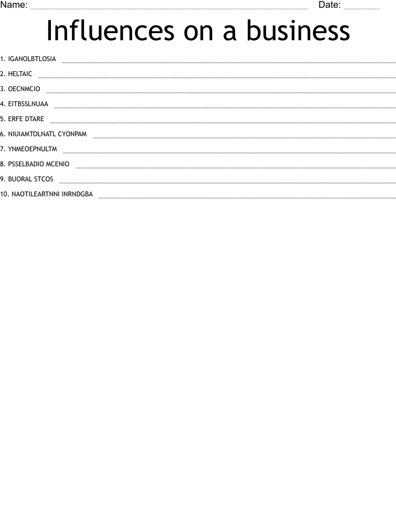 Influences on a business Word Scramble