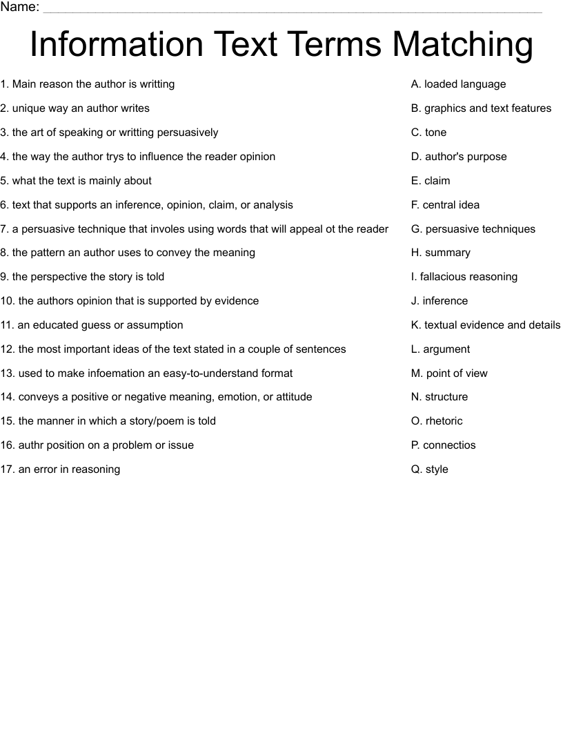 Information Text Terms Matching Worksheet