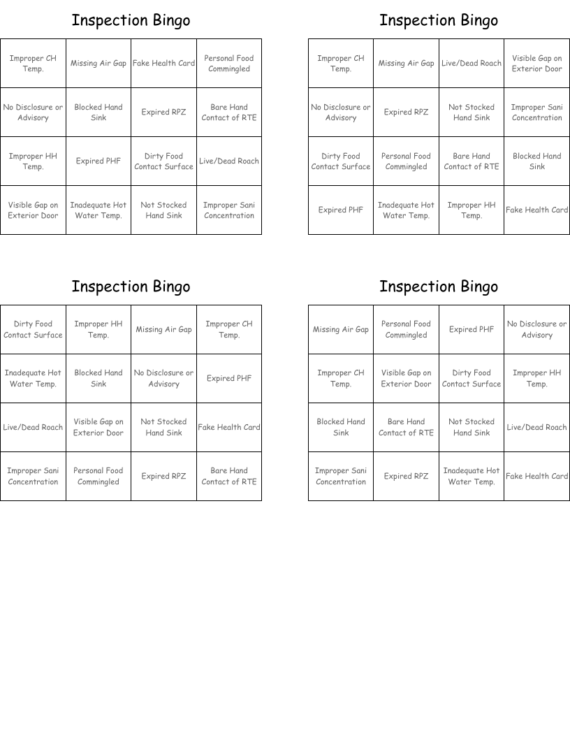 Inspection Bingo
