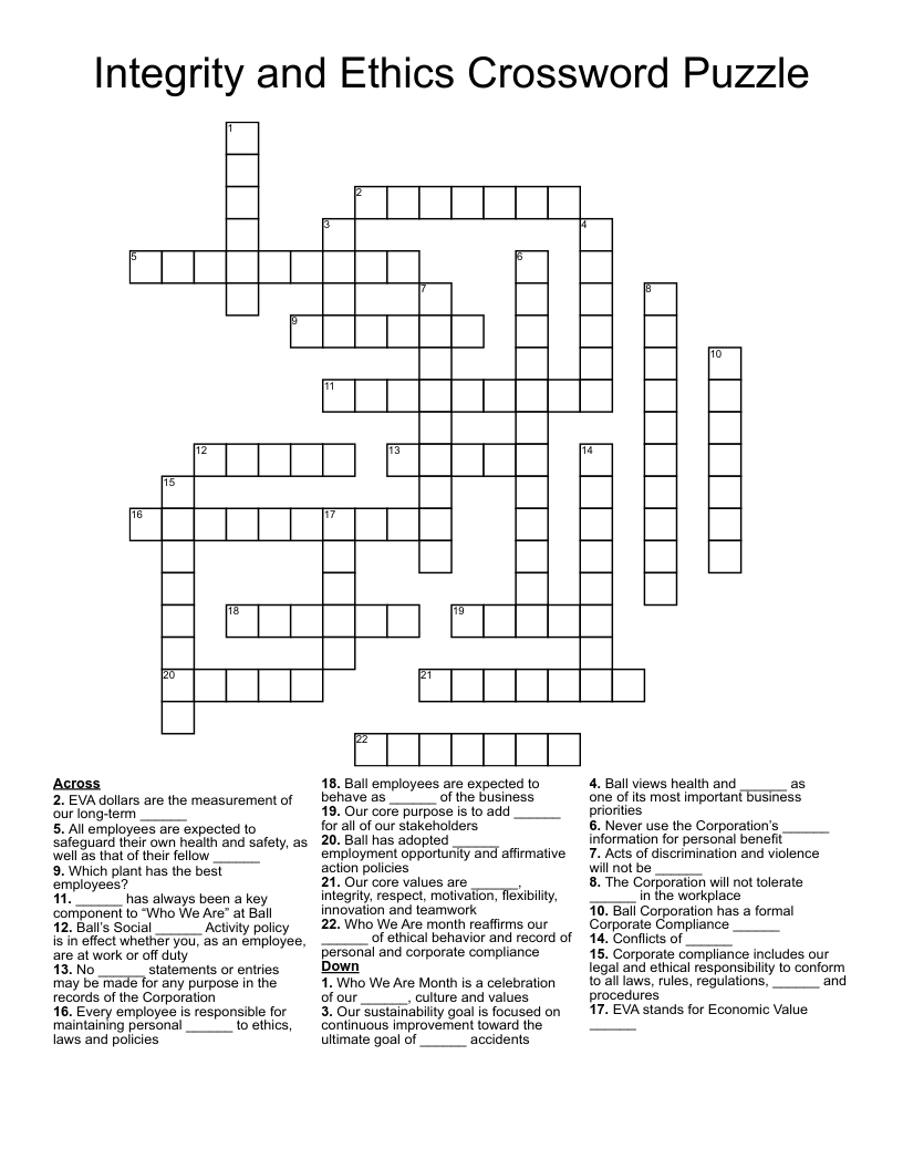 Integrity And Ethics Crossword Puzzle WordMint