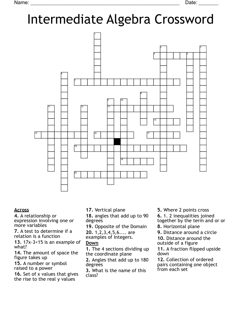 Intermediate Algebra Crossword 