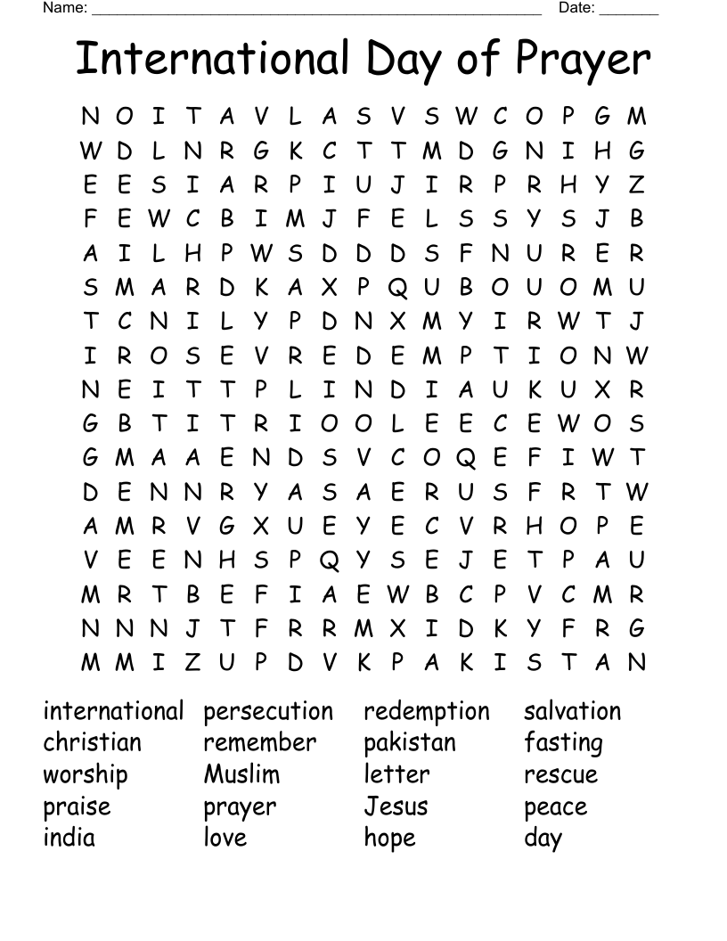International Day of Prayer Word Search