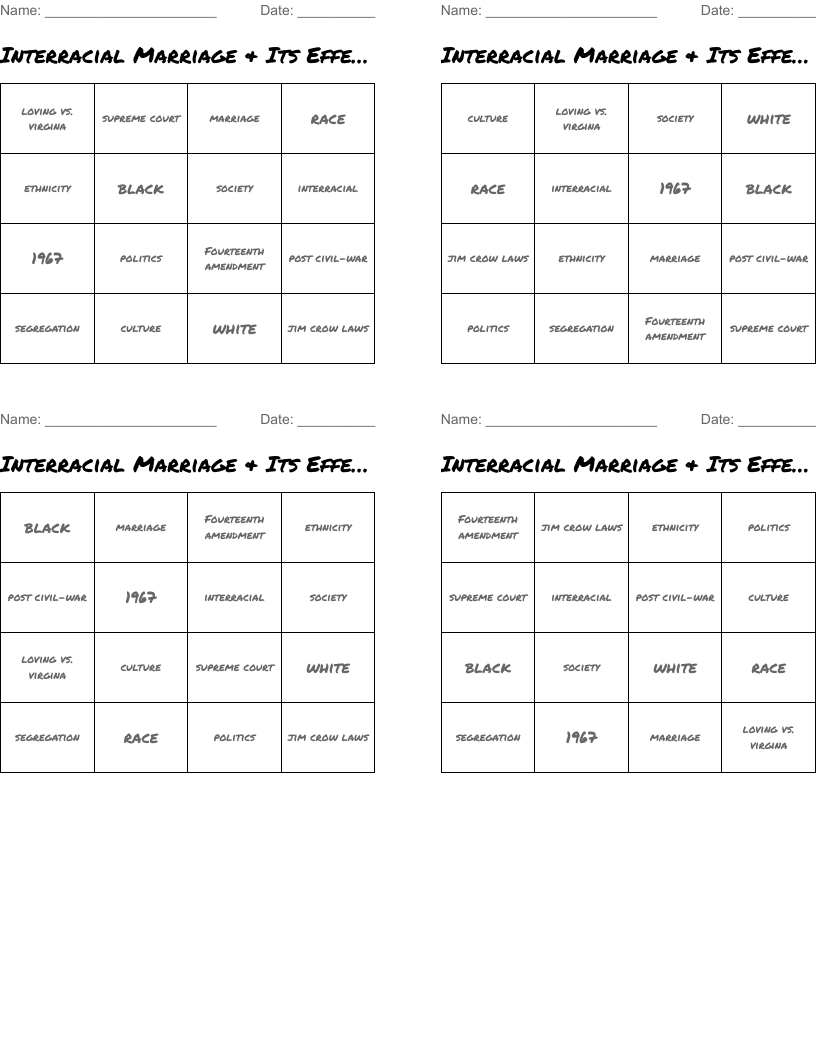Interracial Marriage & Its Effects on Society Bingo Cards