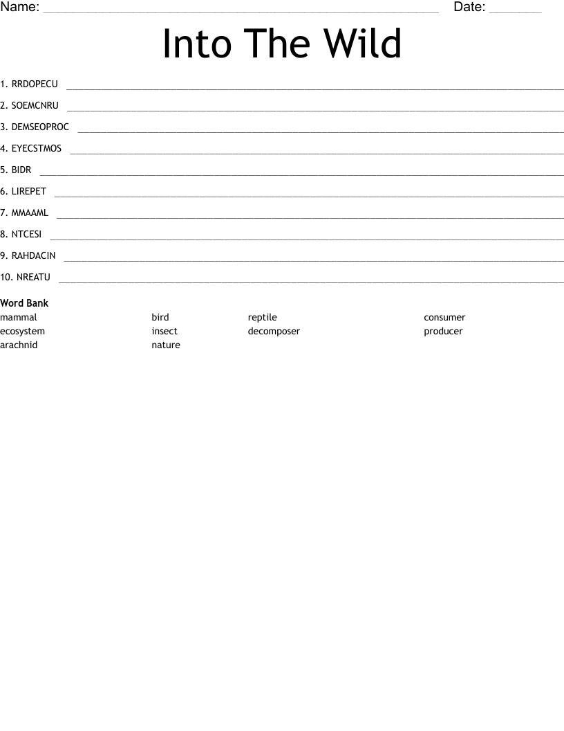 Into The Wild Word Scramble