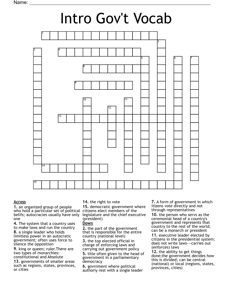 Intro Gov't Vocab Crossword