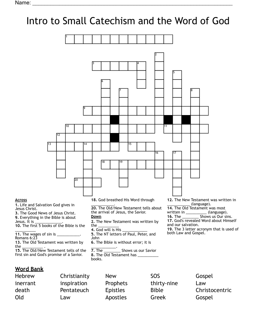 Intro to Small Catechism and the Word of God Crossword WordMint