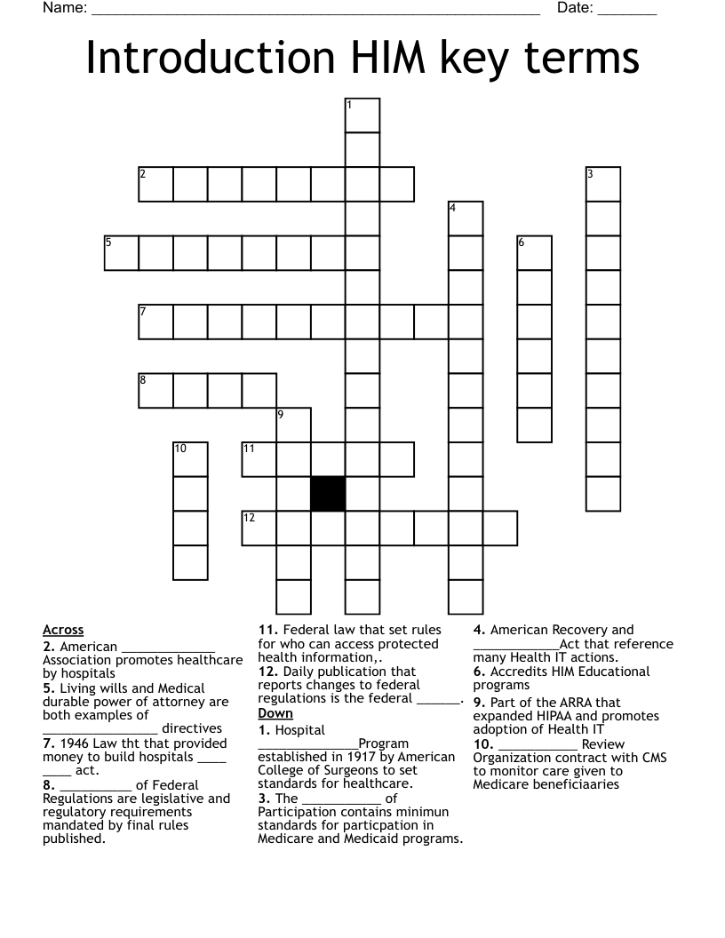 Introduction HIM key terms Crossword