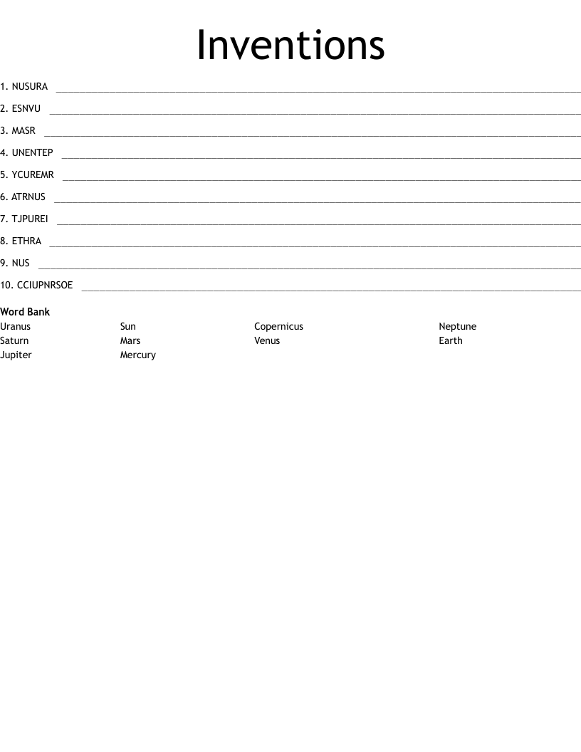 Inventions Word Scramble
