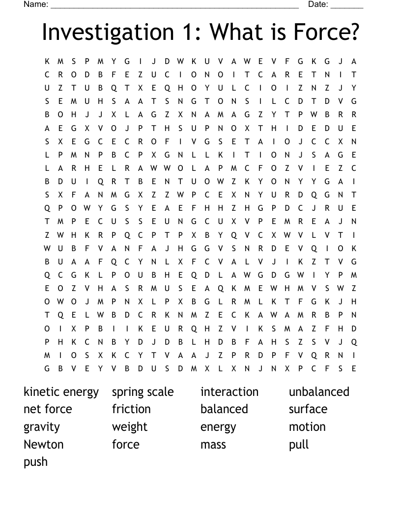 Investigation 1: What is Force? Word Search