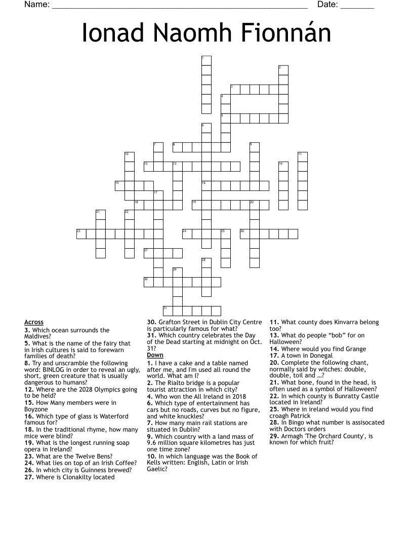 Ionad Naomh Fionnán Crossword