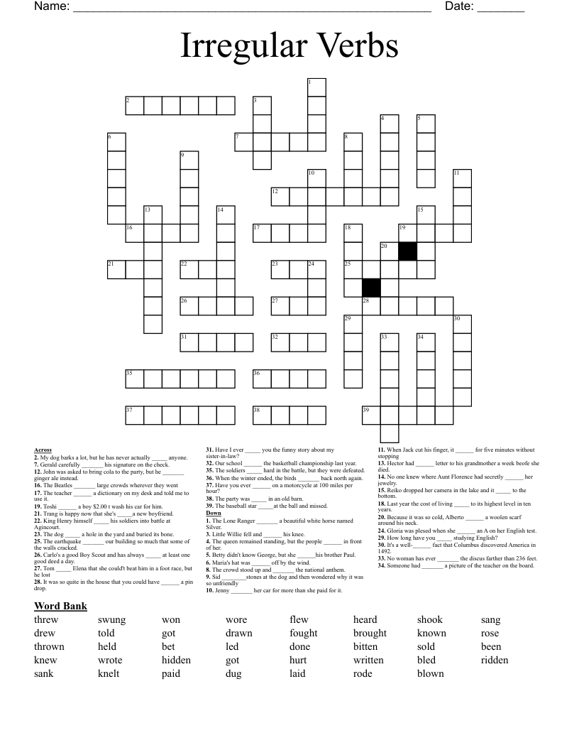 Irregular Verbs Crossword - WordMint