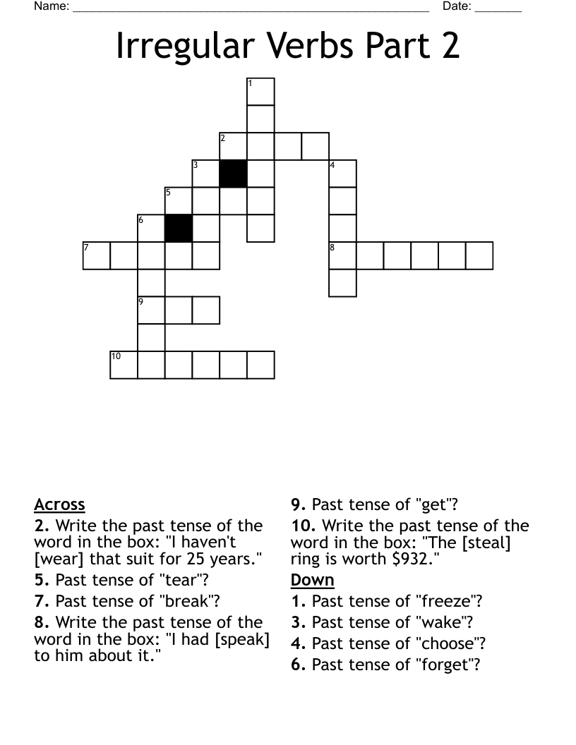 Irregular Verbs Part 2 Crossword