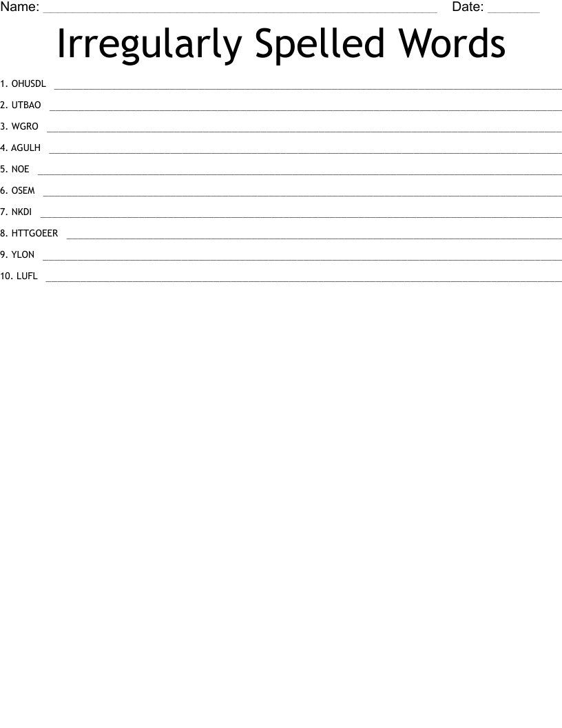 Irregularly Spelled Words Word Scramble