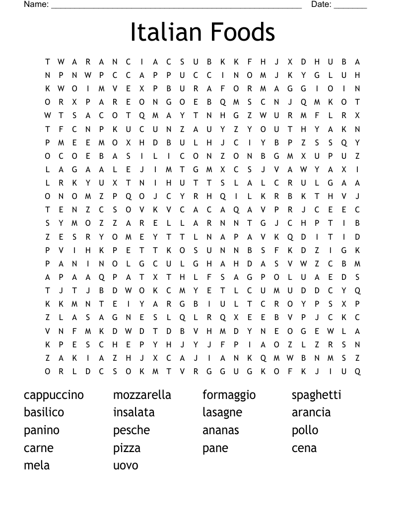 Italian Foods Word Search WordMint