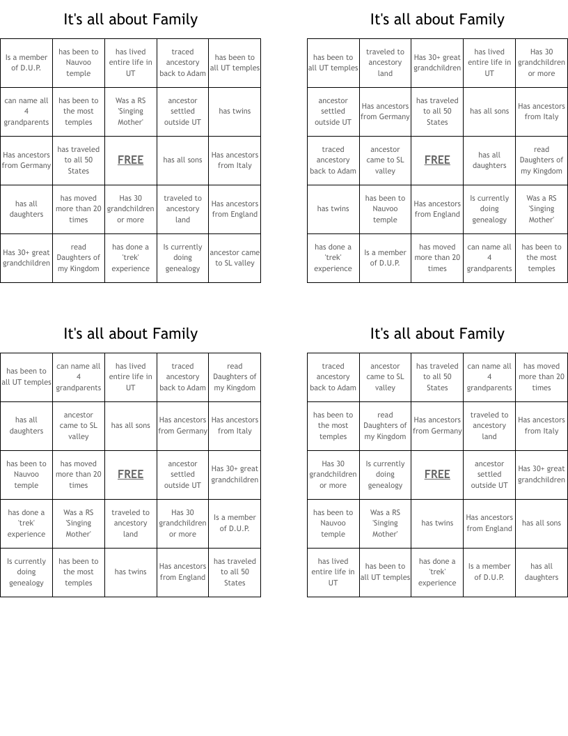 It's all about Family Bingo Cards