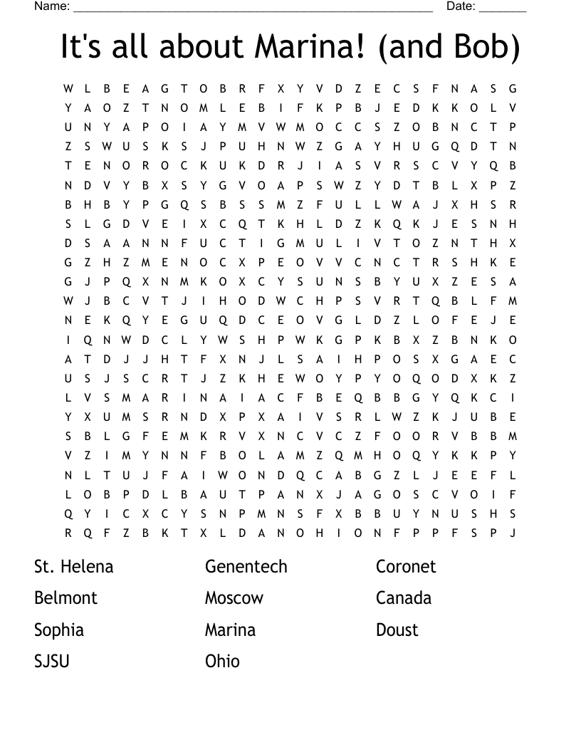 It's all about Marina! (and Bob) Word Search