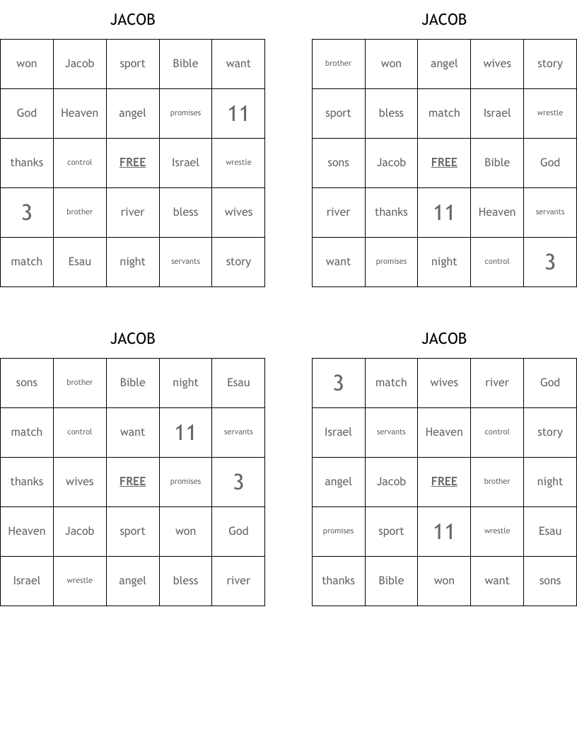 JACOB Bingo Cards